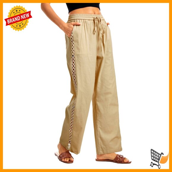 Wide Leg Linen Pants Drawstring Waist Hollow Side Casual Palazzo